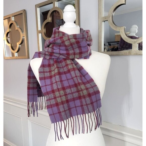 Vtg Edinburgh Scotland Old Town Weaving Co. Purple Plaid Lambswool Fringed Scarf - Picture 1 of 10